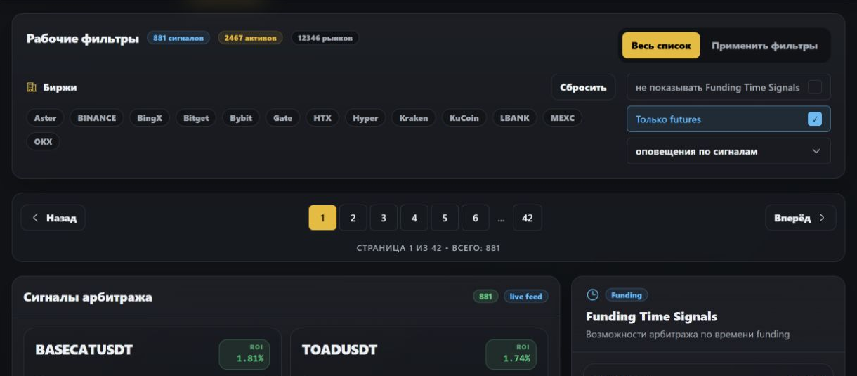 Live-дашборд IXOR с фильтрами бирж и текущим потоком арбитражных сигналов