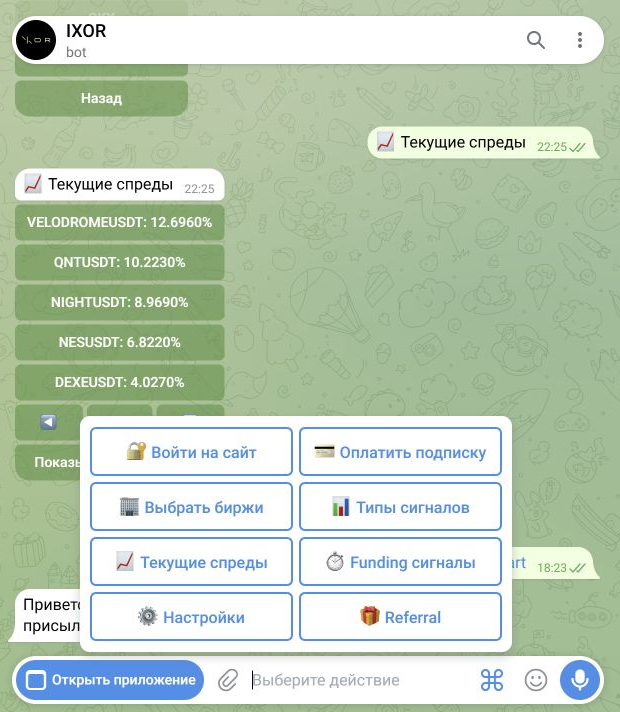 Главное меню Telegram-бота IXOR с кнопками управления сервисом